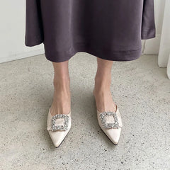 Futurecen Slipper Outer Wear Female Spring Summer Pointed Shallow Mouth Man-made Diamond Buckle Flat Muller Lazy