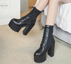 Futurecen   New Fetish Platform Boots Woman Sexy Chunky Heel Front Lace Up Sock Boots Women Ankle Boots Thick Heel Shoe Black Design