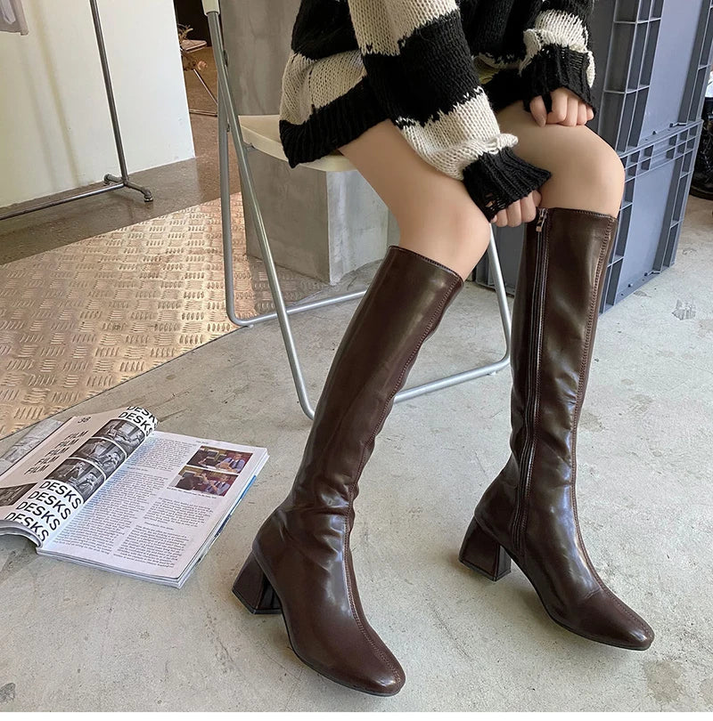 Futurecen Women Warm Long Boots Woman Knee High Booties Ladies Shoes Platform Thick Heel PU Leather Soft Zipper Woman Fashion Winter