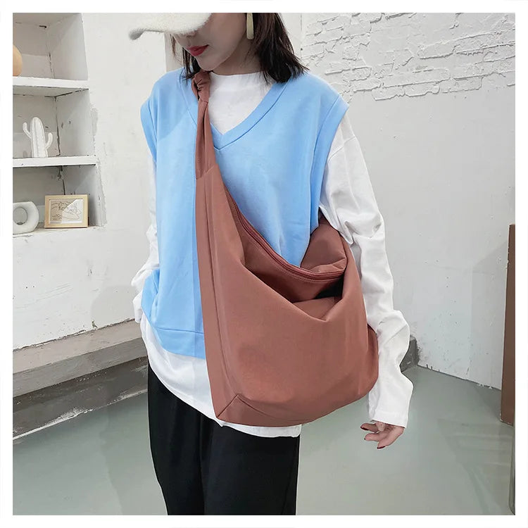 Futurecen Pure Color Nylon Big Tote Bags for Women New Shoulder Shopping Bag Waterproof Fabric Handbags Simple Fashion Hobo Bolso