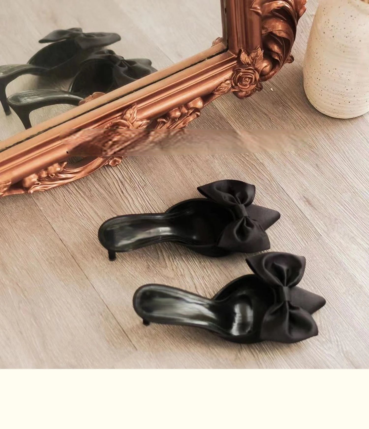 Summer Women's Slippers Bowknot Cat Heel Low Heel Mid Heel Pointed Toe Shoes Slippers High Heels