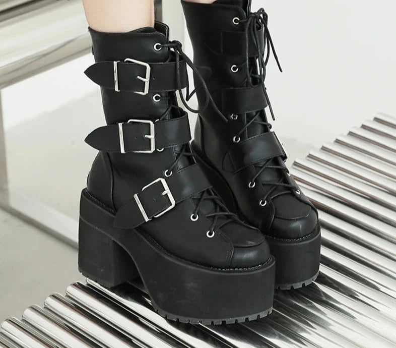 Futurecen  High Quality Japanese Harajuku Gothic Cosplay Boots Women Thick Platform Ankle Buckle Strap Lace Up Calf Boots Back Zip