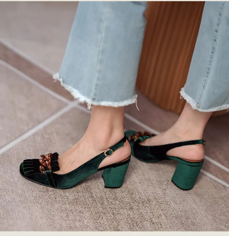 Futurecen Summer Women Sandals Flock Chunky Heel High Heels Retro Velvet Slingback Shoes for Women Crystal Tassel Women Pumps Party Shoes