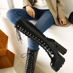 Futurecen  Female Motorcycle Boots Platform Chunky Heel Knee High Med Calf Boots 2023 New Arrivals Platform Chunky Heel Lace Up Red Black