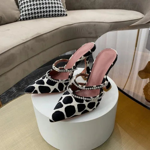 Summer New Pointed Toe Rhinestone Sequined Stiletto Slippers Leopard Print Baotou Half Drag Sandals