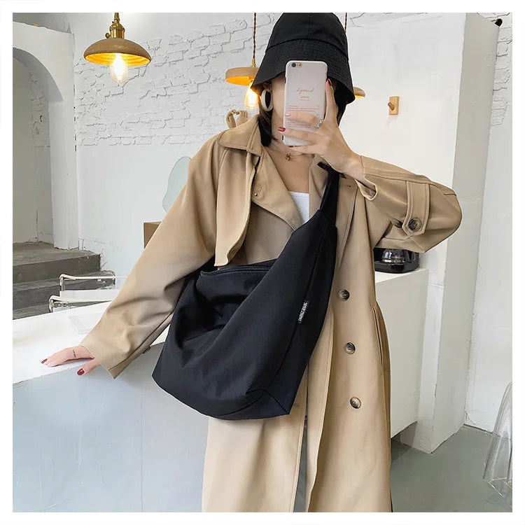 Futurecen Pure Color Nylon Big Tote Bags for Women New Shoulder Shopping Bag Waterproof Fabric Handbags Simple Fashion Hobo Bolso