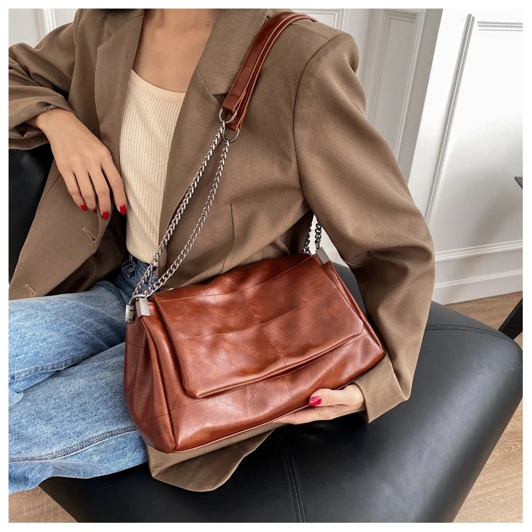 Futurecen  Sewing Thread Vintage Fashion Women Shoulder Bags Metal Chain Strap Crossbody Bag Soft PU Leather Lady Shopper Travelling Bolso