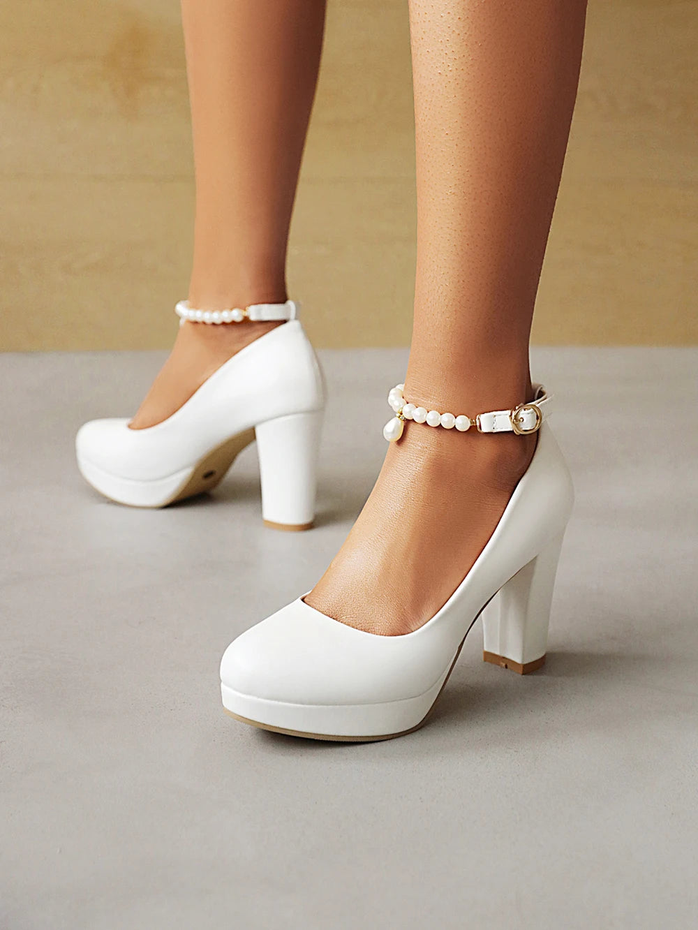 Futurecen Block Heel shoes White Wedding Shoes Women Pearl Chain Pumps Platform high heels Ankle strap Ladies Office Party Dance Shoes 33