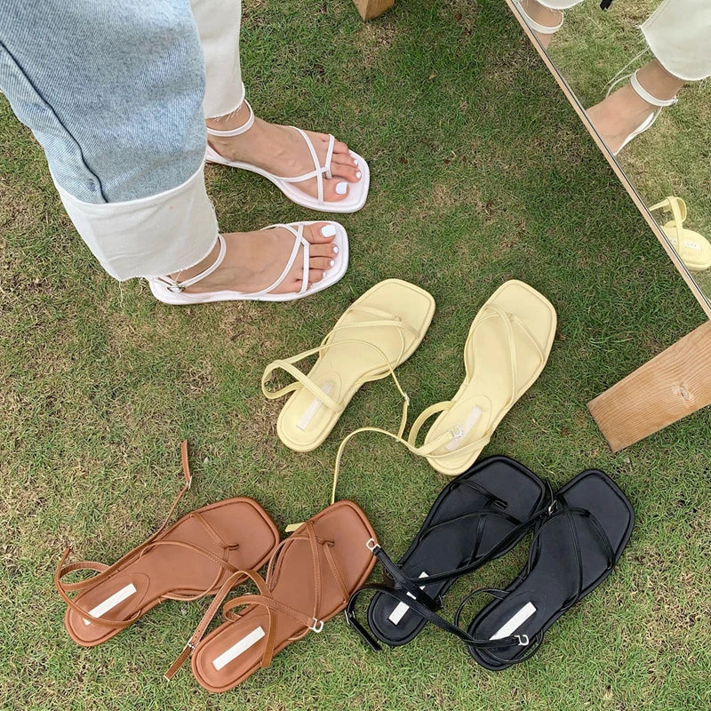 Summer Women Sandal Shoes Low Round Heel Narrow Band Gladiator Casual Sandal Ladies Casual Outdoor Beach Slides