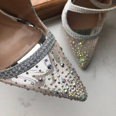 Futurecen Glitter Silver Sequins Women Gauze Pointy Toe Cross Strap Stiletto Pumps Sexy Ladies High Heel Party Wedding Bride Shoes