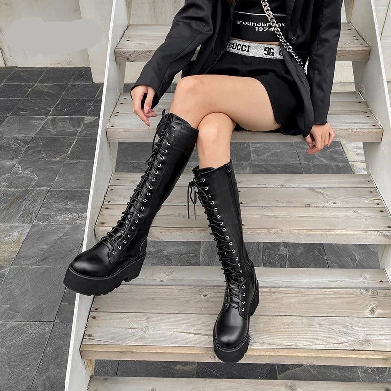 Futurecen   Chunky Platform Heels Pu Leather Knee High Boots Women Retro Punk Long Boots Woman Lace Up Booties  New Fall