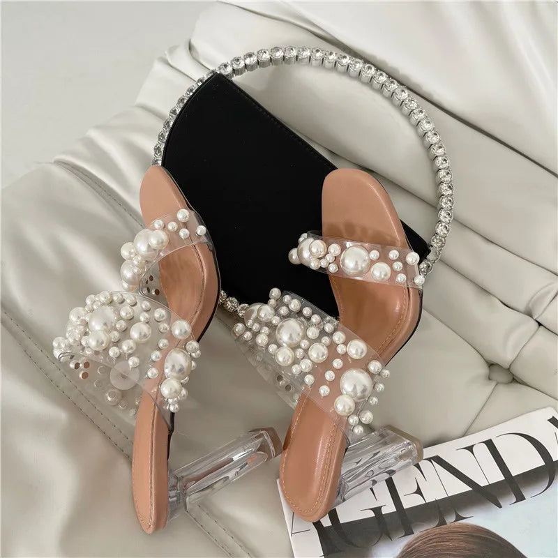 Futurecen New Transparent PVC String Bead Shoes Woman Fashion Open Toe Slippers Crystal Perspex Heels Slides Beach Sandale Femme