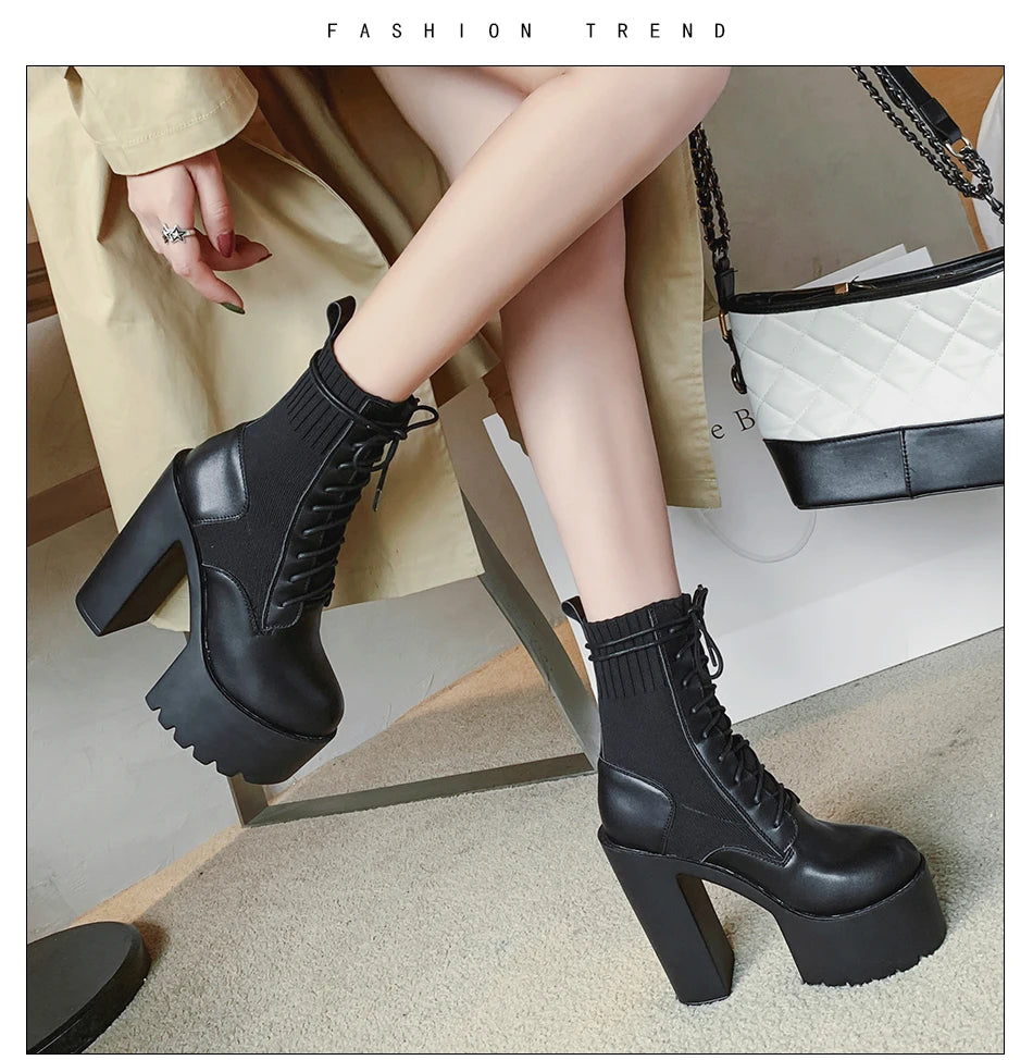 Futurecen   New Fetish Platform Boots Woman Sexy Chunky Heel Front Lace Up Sock Boots Women Ankle Boots Thick Heel Shoe Black Design