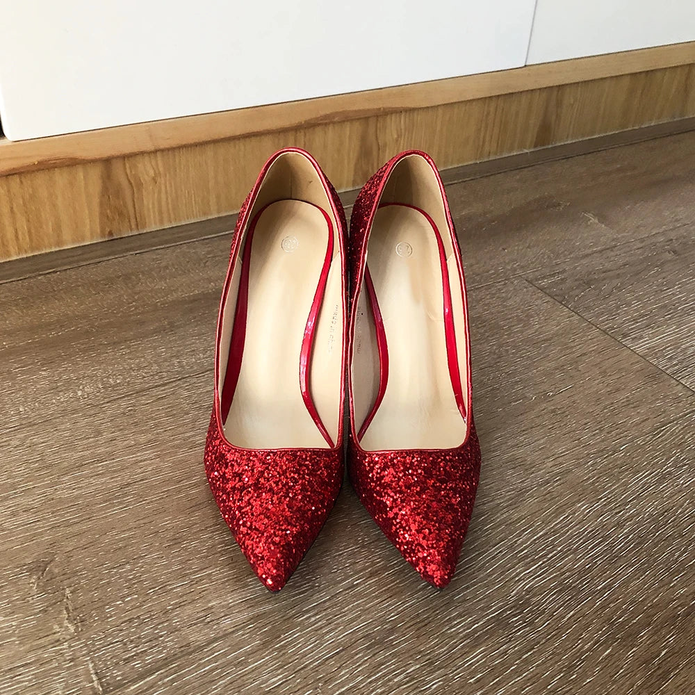 Futurecen Glitter Red Sequins Women 11cm High Heel Stiletto Pumps Pointed Toe Slip On Ladies Party Dress Shoes Plus Size 35-46