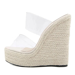 Summer PVC Transparent Peep Toe Cane Straw Weave Platform Women Wedges Slippers Sandals Fashion High Heels Female Shoes