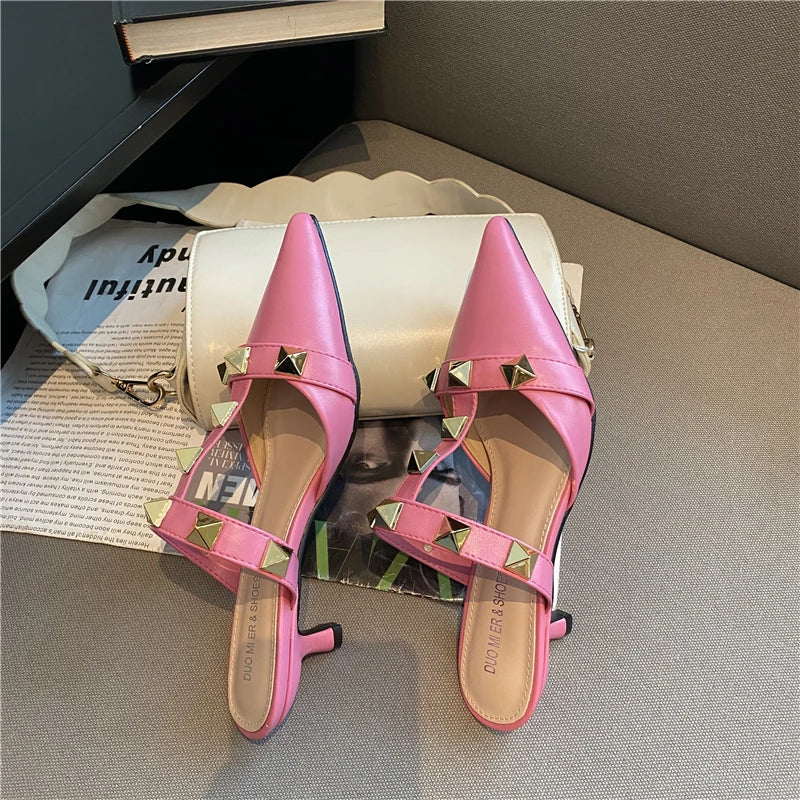 Futurecen  New Rivet Pointed Thin Heel Baotou Half Slipper Female Middle Heel Shallow Mouth Lazy Mueller Shoes