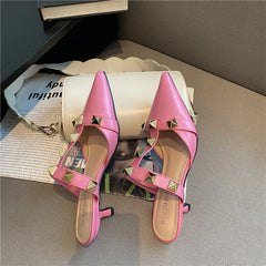 Futurecen  New Rivet Pointed Thin Heel Baotou Half Slipper Female Middle Heel Shallow Mouth Lazy Mueller Shoes