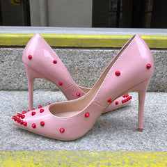 Futurecen Red Spikes Women Sexy Pink Pointed High Heels Ladies Slip-on Low-cut Stilettos Pumps Shiny Revits Party Wedding Shoes