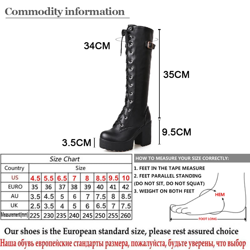 Futurecen Hot Sale Spring Autumn Lacing Knee High Boots Women Fashion White Square Heel Woman Leather Shoes Winter PU Large Size 43