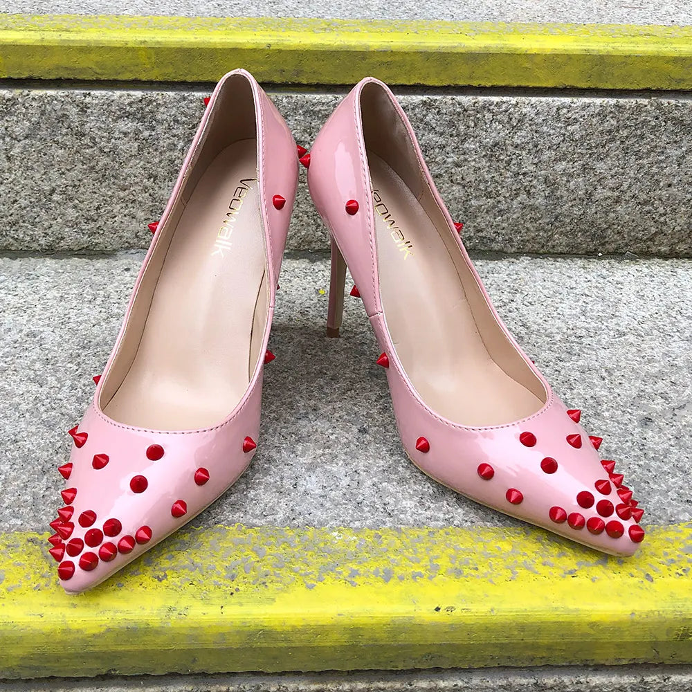 Futurecen Red Spikes Women Sexy Pink Pointed High Heels Ladies Slip-on Low-cut Stilettos Pumps Shiny Revits Party Wedding Shoes