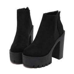 Futurecen  Fashion Black Ankle Boots For Women Thick Heels Spring Autumn Flock Platform Shoes High Heels Black Zipper Ladies Boots