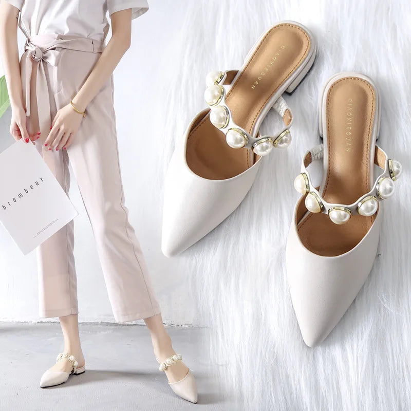 Futurecen Spiked Flat-soled Slippers Female Summer New Style Slippers Female Retro-style Slippers with Rough heels and Low heels