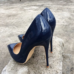 Futurecen Italian Style Women Pointed Toe High Heels Gloss Patent Leather Stilettos Ladies Solid Color Pumps Shoes Navy Blue