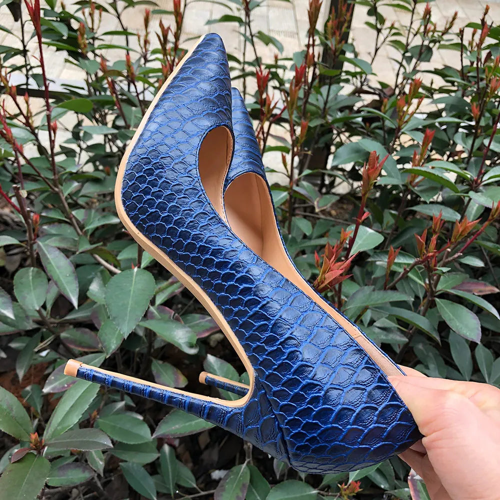 Futurecen Sexy Women Snakeskin Embossed Extremely High Heel Party Shoes Italian Style Navy Blue Fashion Ladies Stilettos Pumps