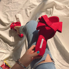 Futurecen Wearing flat slippers women's shoes Korean version of the summer new large bow satin round head sandals Wild half slippers