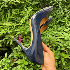 Futurecen Italian Style Women Pointed Toe High Heels Gloss Patent Leather Stilettos Ladies Solid Color Pumps Shoes Navy Blue