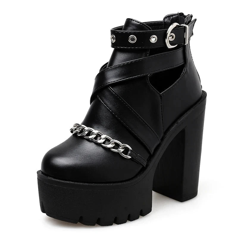 Futurecen Plus Size 42 Fashion Chain Women Shoes Zipper Square High Heel Ankle Boots For Women Punk Shoes Platform Spring Autumn