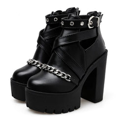 Futurecen Plus Size 42 Fashion Chain Women Shoes Zipper Square High Heel Ankle Boots For Women Punk Shoes Platform Spring Autumn