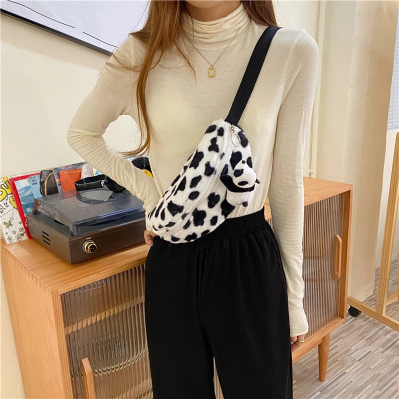 Futurecen  -  Cute Cow Winter Pattern Women Belt Bags Designer Shoulder Bag Plush Messenger Bag Fanny Pack Lady Hobos Bum Hip Bag Big Purse