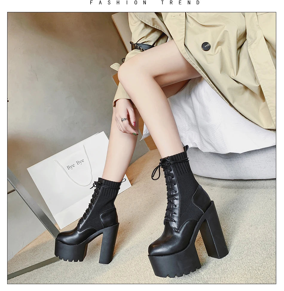 Futurecen   New Fetish Platform Boots Woman Sexy Chunky Heel Front Lace Up Sock Boots Women Ankle Boots Thick Heel Shoe Black Design