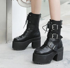 Futurecen  High Quality Japanese Harajuku Gothic Cosplay Boots Women Thick Platform Ankle Buckle Strap Lace Up Calf Boots Back Zip