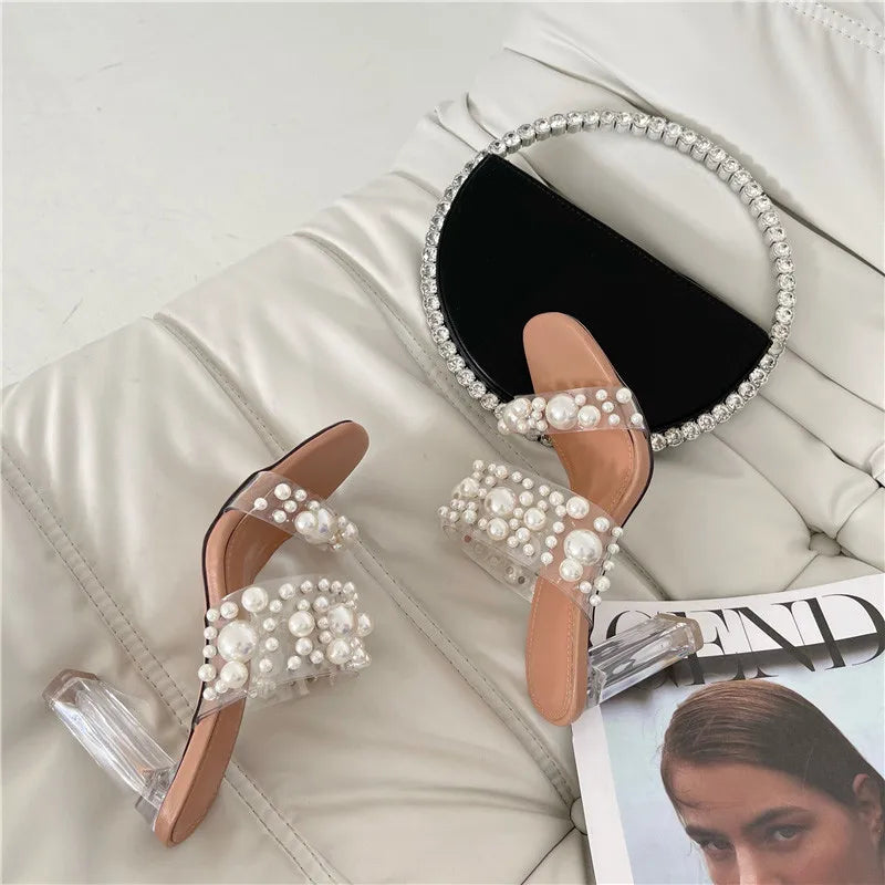 Futurecen New Transparent PVC String Bead Shoes Woman Fashion Open Toe Slippers Crystal Perspex Heels Slides Beach Sandale Femme