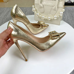 Futurecen  Glitter Gold Bow Women Pointed Toe Stiletto Pumps Ladies Slip On High Heel Wedding Dress Shoes Plus Size 33-45 8-12cm