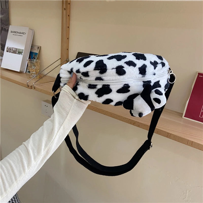 Futurecen  -  Cute Cow Winter Pattern Women Belt Bags Designer Shoulder Bag Plush Messenger Bag Fanny Pack Lady Hobos Bum Hip Bag Big Purse