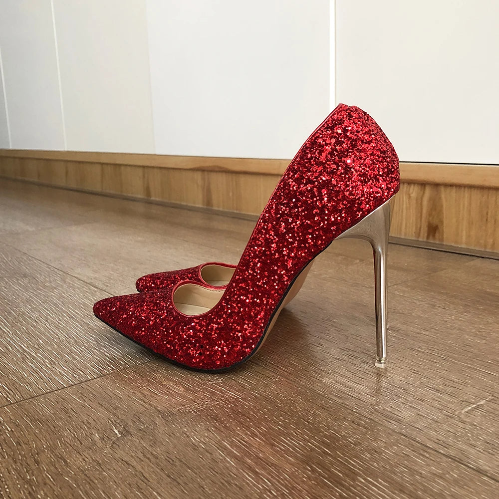 Futurecen Glitter Red Sequins Women 11cm High Heel Stiletto Pumps Pointed Toe Slip On Ladies Party Dress Shoes Plus Size 35-46