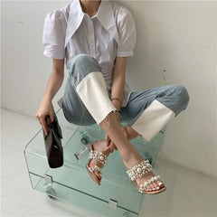 Futurecen New Transparent PVC String Bead Shoes Woman Fashion Open Toe Slippers Crystal Perspex Heels Slides Beach Sandale Femme