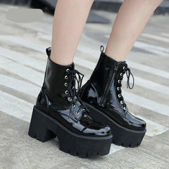 Futurecen  Woman Lace Autumn Boots Women Ladies Chunky Wedge Platform Black Patent Leather Ankle Boots Punk Goth Shoes Lace Up