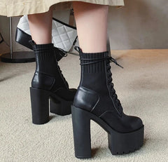 Futurecen   New Fetish Platform Boots Woman Sexy Chunky Heel Front Lace Up Sock Boots Women Ankle Boots Thick Heel Shoe Black Design