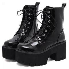 Futurecen  Woman Lace Autumn Boots Women Ladies Chunky Wedge Platform Black Patent Leather Ankle Boots Punk Goth Shoes Lace Up