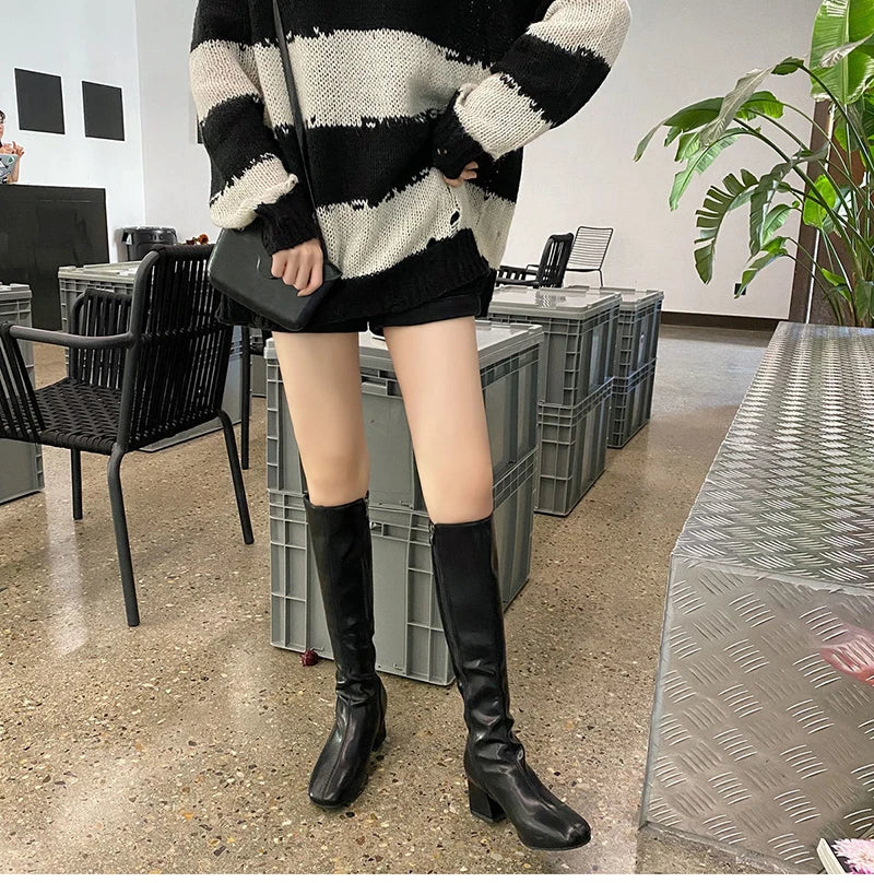 Futurecen Women Warm Long Boots Woman Knee High Booties Ladies Shoes Platform Thick Heel PU Leather Soft Zipper Woman Fashion Winter