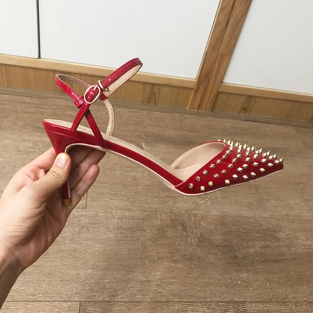 Futurecen Summer Women Red Pointed Toe High Heel Slingbacks Shoes with Spikes Ankle Buckles Sexy Stiletto Pumps for Party 8-12cm