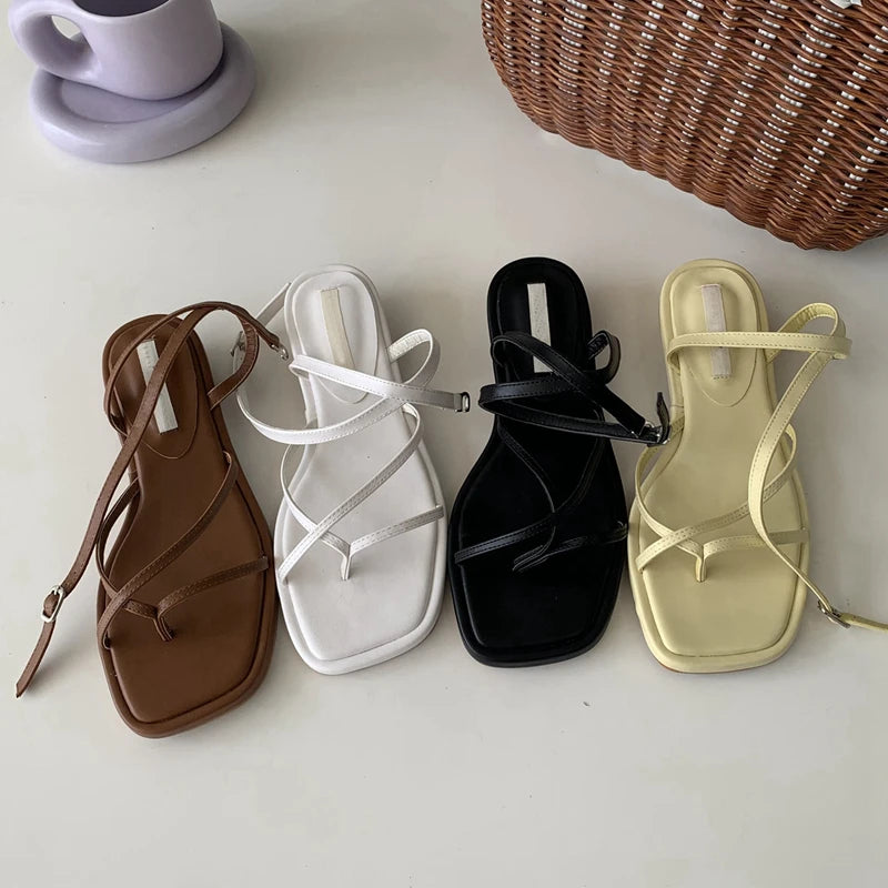 Summer Women Sandal Shoes Low Round Heel Narrow Band Gladiator Casual Sandal Ladies Casual Outdoor Beach Slides