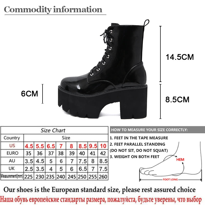 Futurecen  Woman Lace Autumn Boots Women Ladies Chunky Wedge Platform Black Patent Leather Ankle Boots Punk Goth Shoes Lace Up