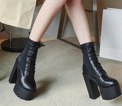 Futurecen   New Fetish Platform Boots Woman Sexy Chunky Heel Front Lace Up Sock Boots Women Ankle Boots Thick Heel Shoe Black Design