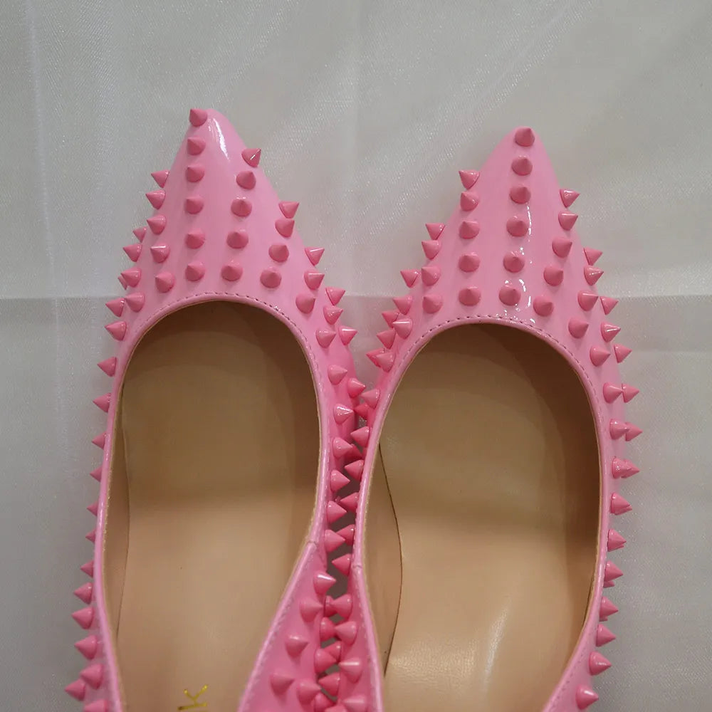 Futurecen Light Pink Women Rivets Pointy Toe High Heels Sexy Ladies Slip On Stilettos Pumps Chic Spikes Heeled  Party Shoes