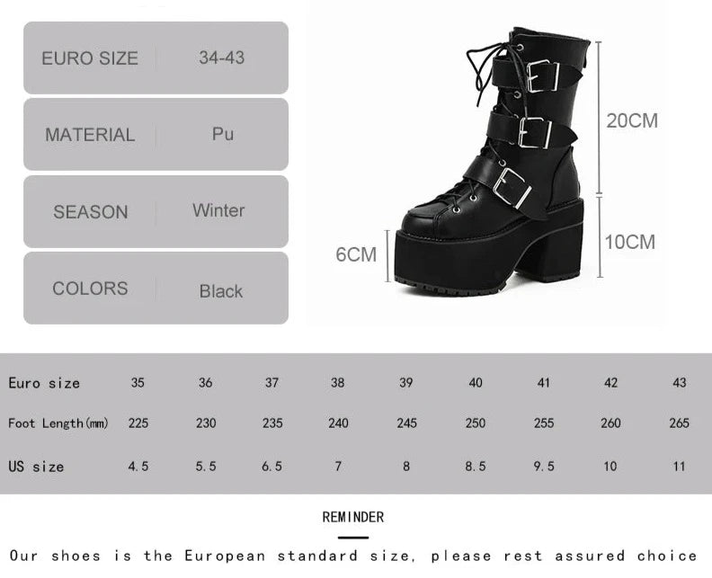 Futurecen  High Quality Japanese Harajuku Gothic Cosplay Boots Women Thick Platform Ankle Buckle Strap Lace Up Calf Boots Back Zip